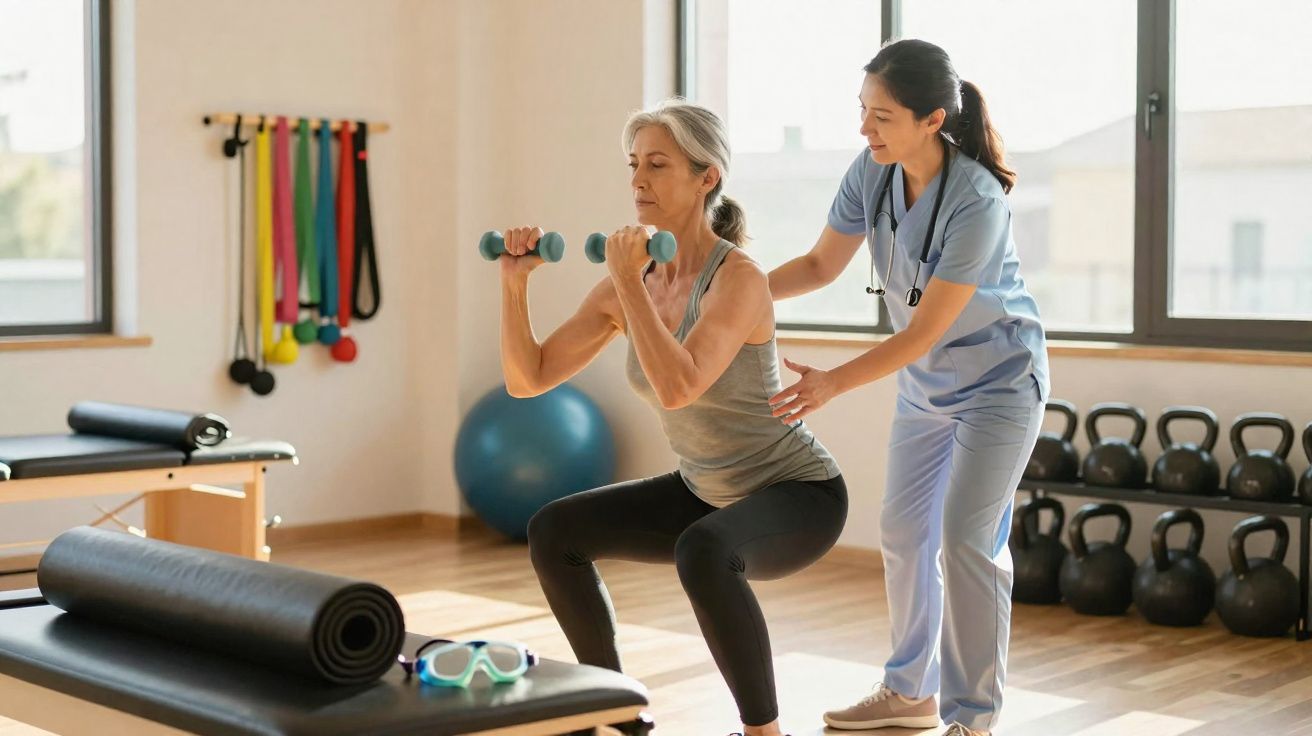 Mulher idosa fazendo exercício com halteres, assistida por profissional de saúde em clínica de fisioterapia.