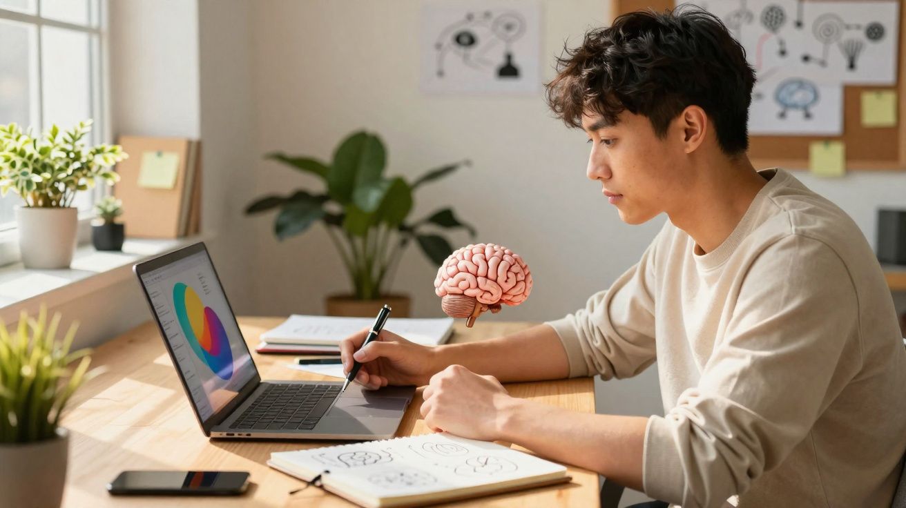 Jovem sentado à mesa, usando laptop com gráficos coloridos, escrevendo e com caderno aberto e cérebro desenhado.