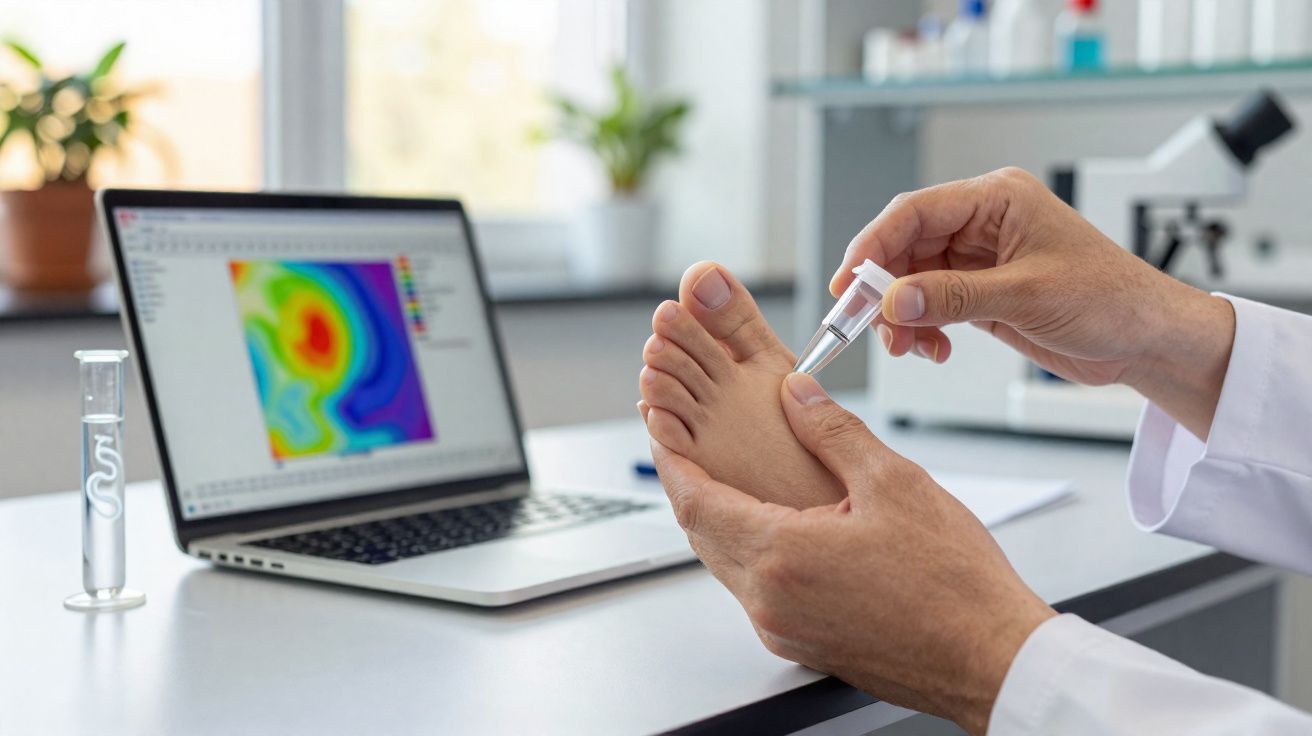 Profissional de saúde examinando o pé de um paciente com análise digital em laptop ao fundo.