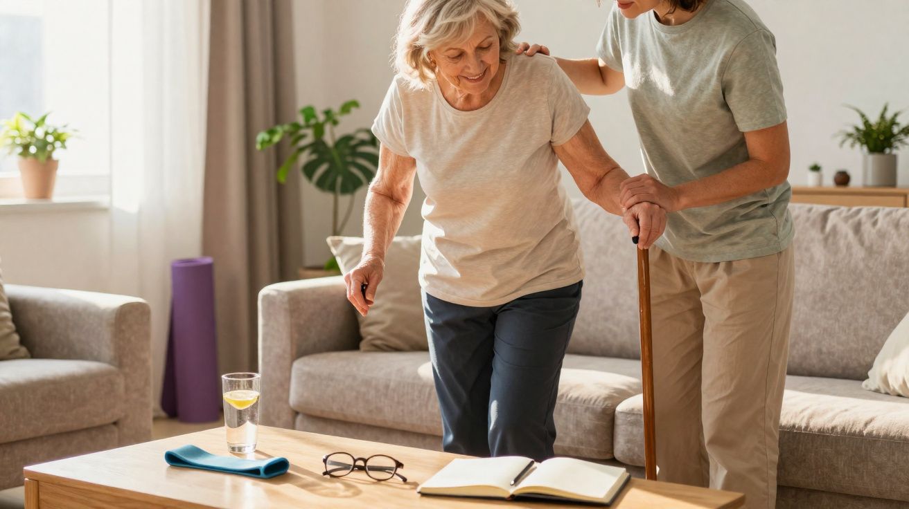 Pessoa jovem ajudando idosa a caminhar com bengala em sala de estar iluminada e acolhedora.