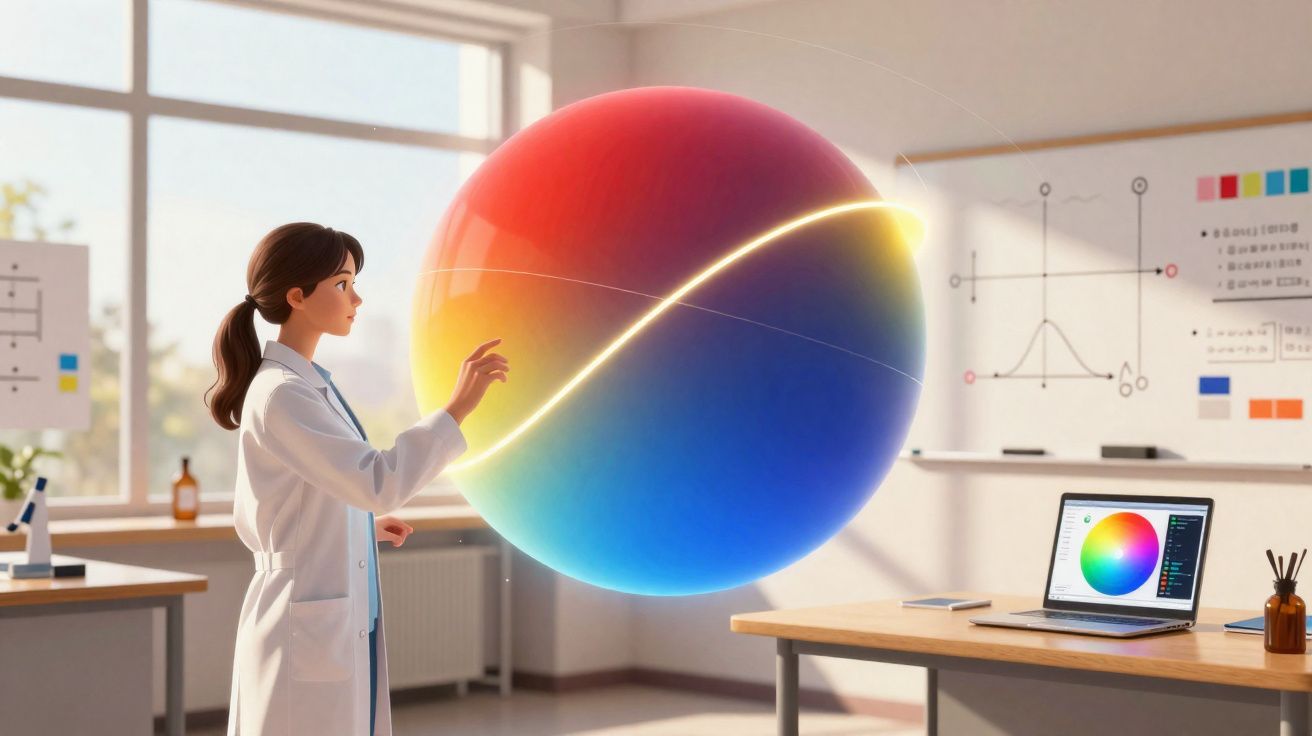 Mulher cientista interage com esfera colorida holográfica em laboratório iluminado por luz natural.