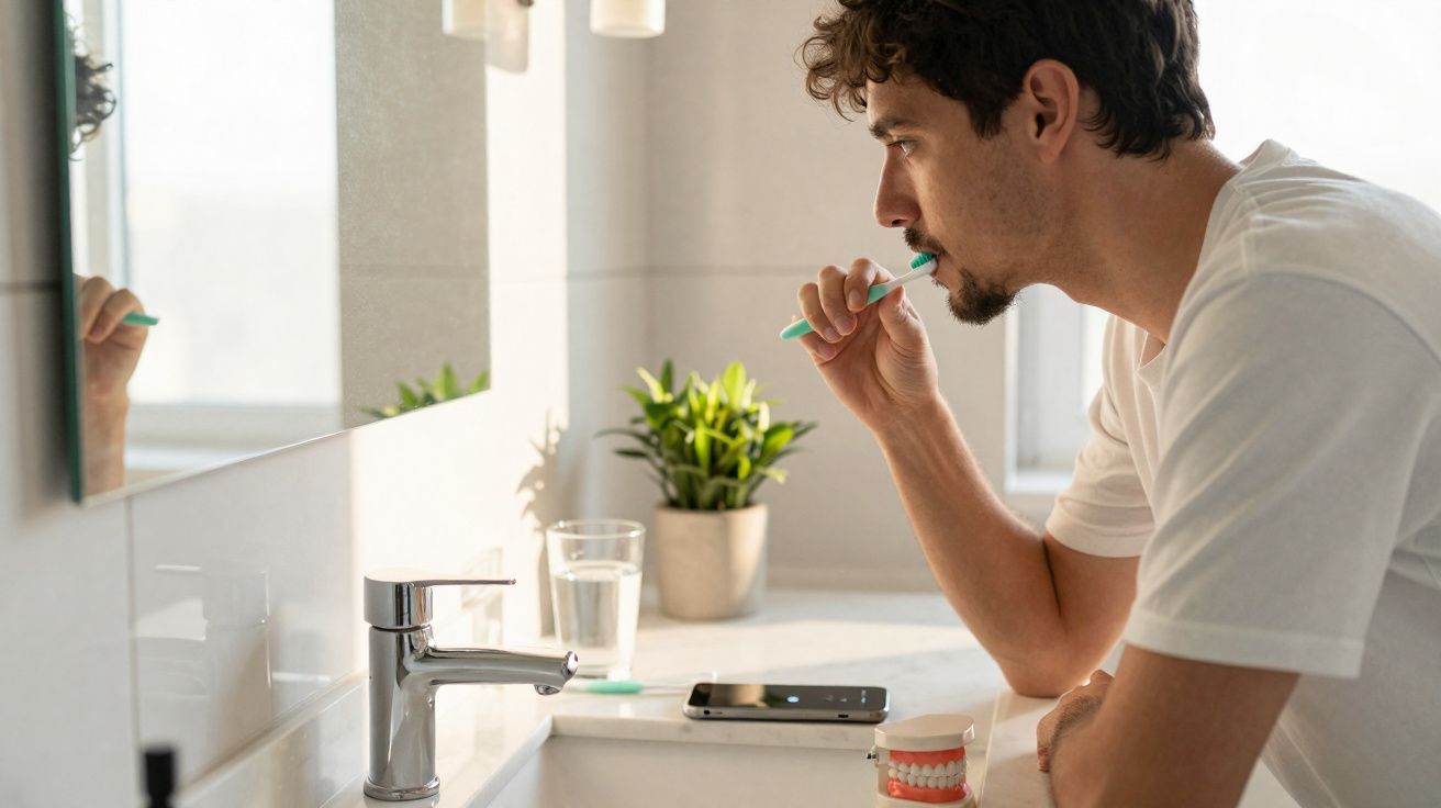 Homem jovem escovando os dentes em frente ao espelho no banheiro iluminado.
