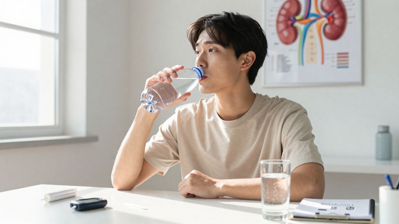 Homem jovem bebendo água de garrafa em mesa com itens de exames médicos no consultório.