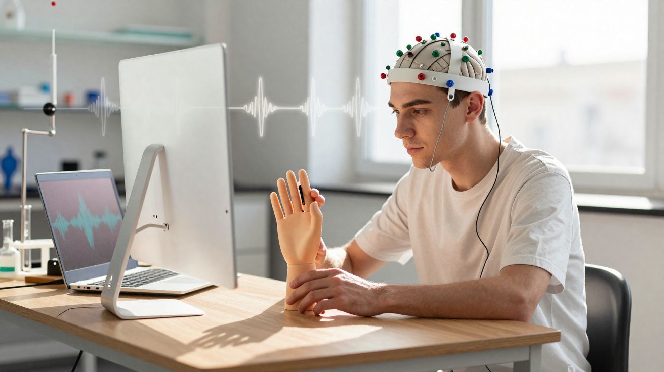 Jovem com capacete EEG em laboratório, controlando mão robótica via computador.