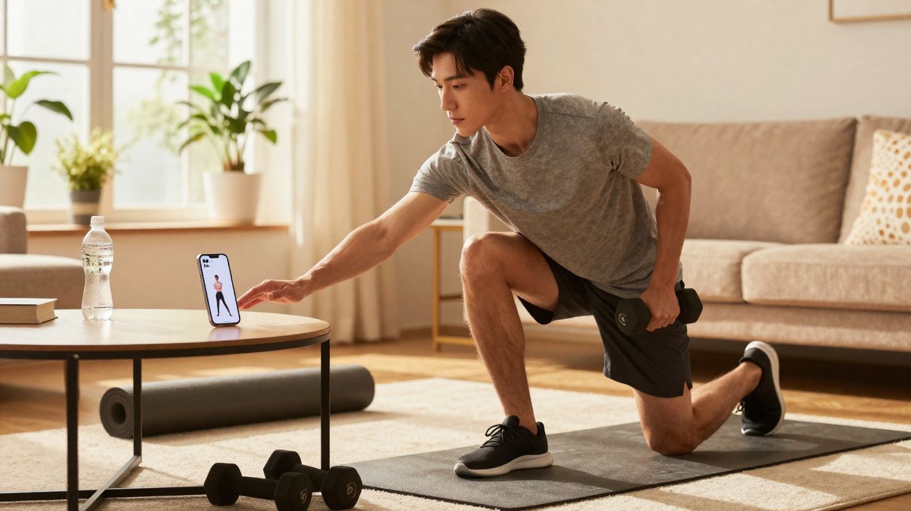Jovem fazendo exercício com halteres em casa acompanhado de treino pelo celular na sala iluminada.