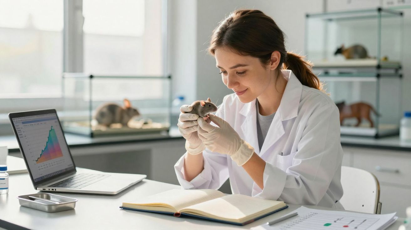 Pesquisadora segurando camundongo em laboratório com laptop, livro aberto e gráficos na mesa.