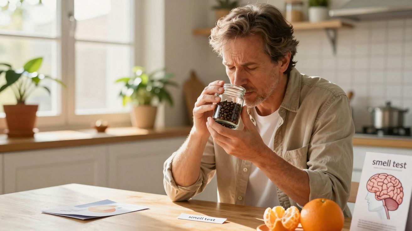 Homem adulto cheira grãos de café em pote transparente durante teste de olfato na cozinha iluminada.