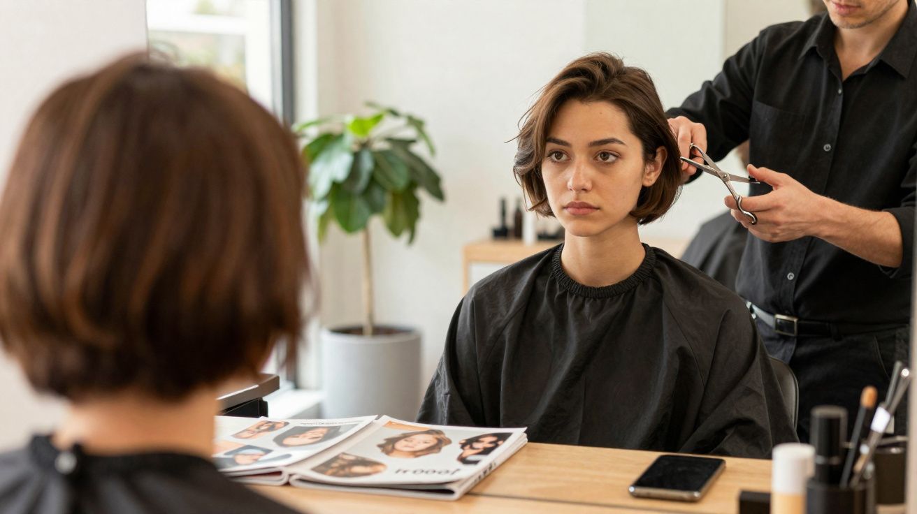 Mulher olhando no espelho enquanto cabeleireiro corta seu cabelo curto em salão iluminado.