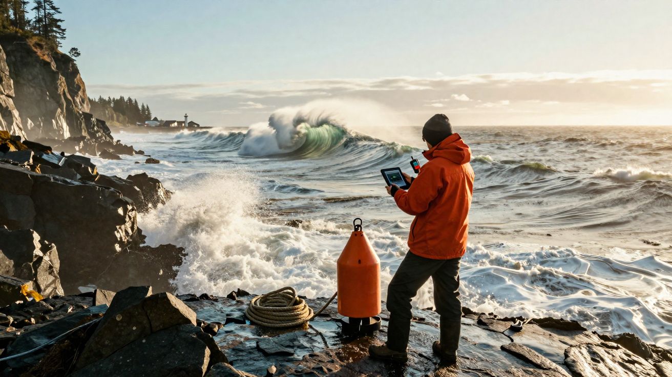 Pessoa com jaqueta laranja monitora equipamento ao lado do mar agitado em uma costa rochosa ao amanhecer.