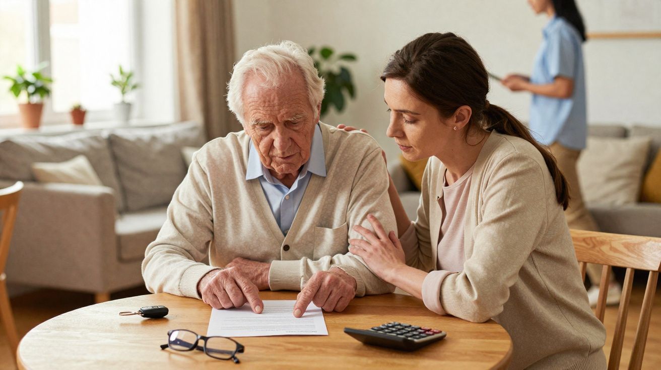 Homem idoso e mulher jovem discutindo documentos sentados à mesa em ambiente doméstico, com calculadora e óculos.