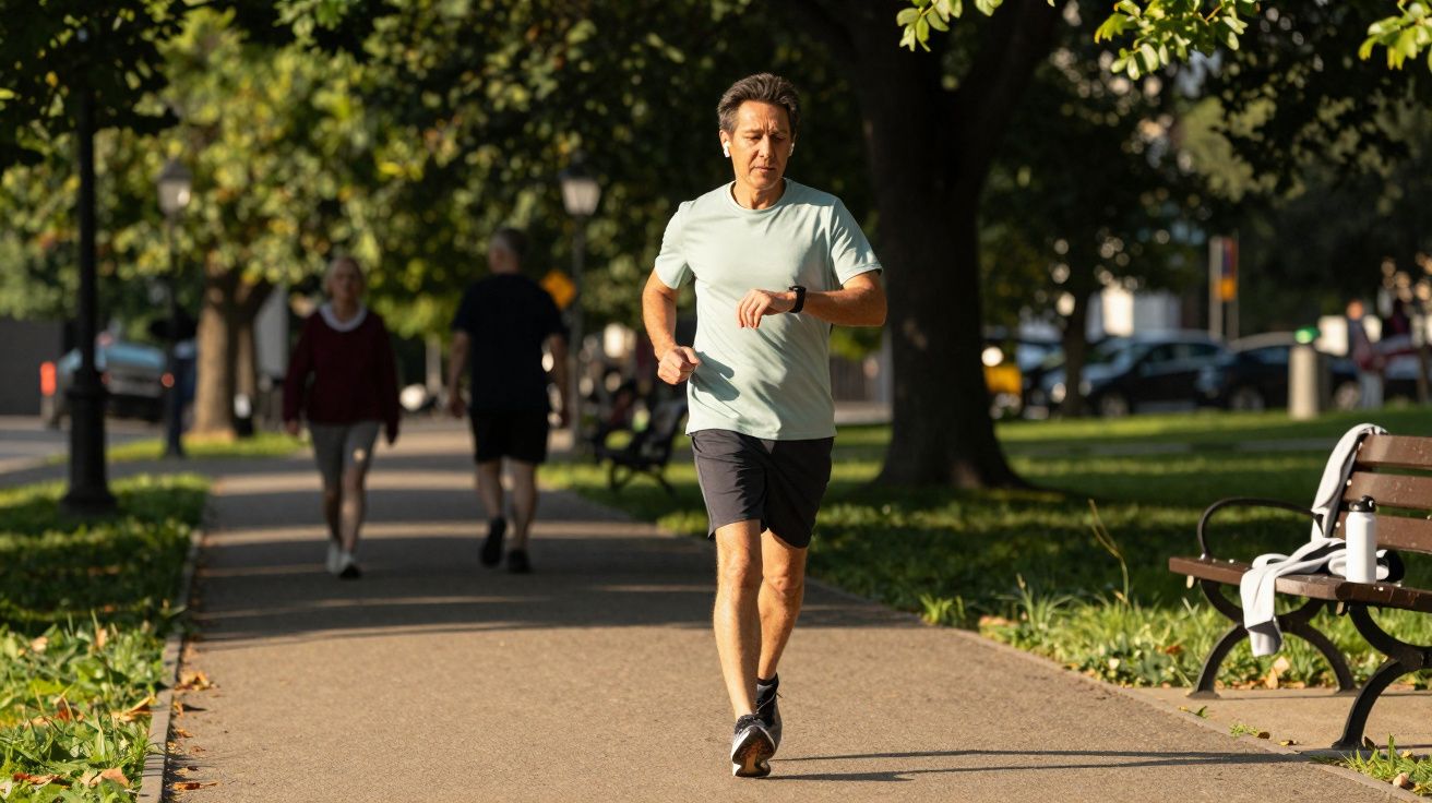 Homem correndo em parque urbano ao entardecer com outras pessoas caminhando ao fundo.