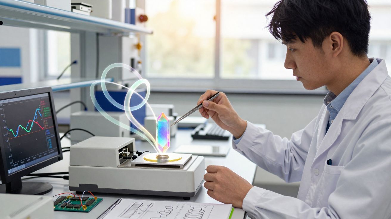 Cientista em laboratório manipulando um cristal colorido holográfico acima de equipamento eletrônico.