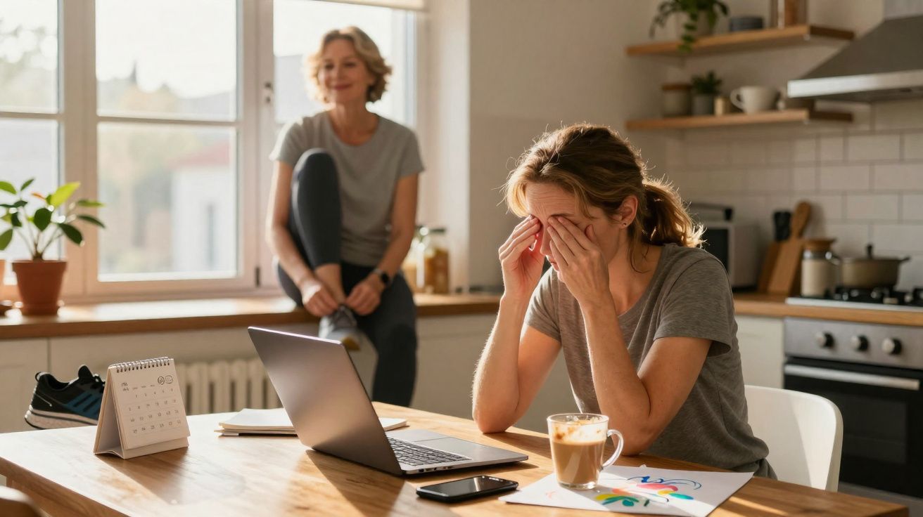 Mulher com expressão cansada segurando o rosto, sentada à mesa com laptop, outra mulher ao fundo na cozinha iluminada.