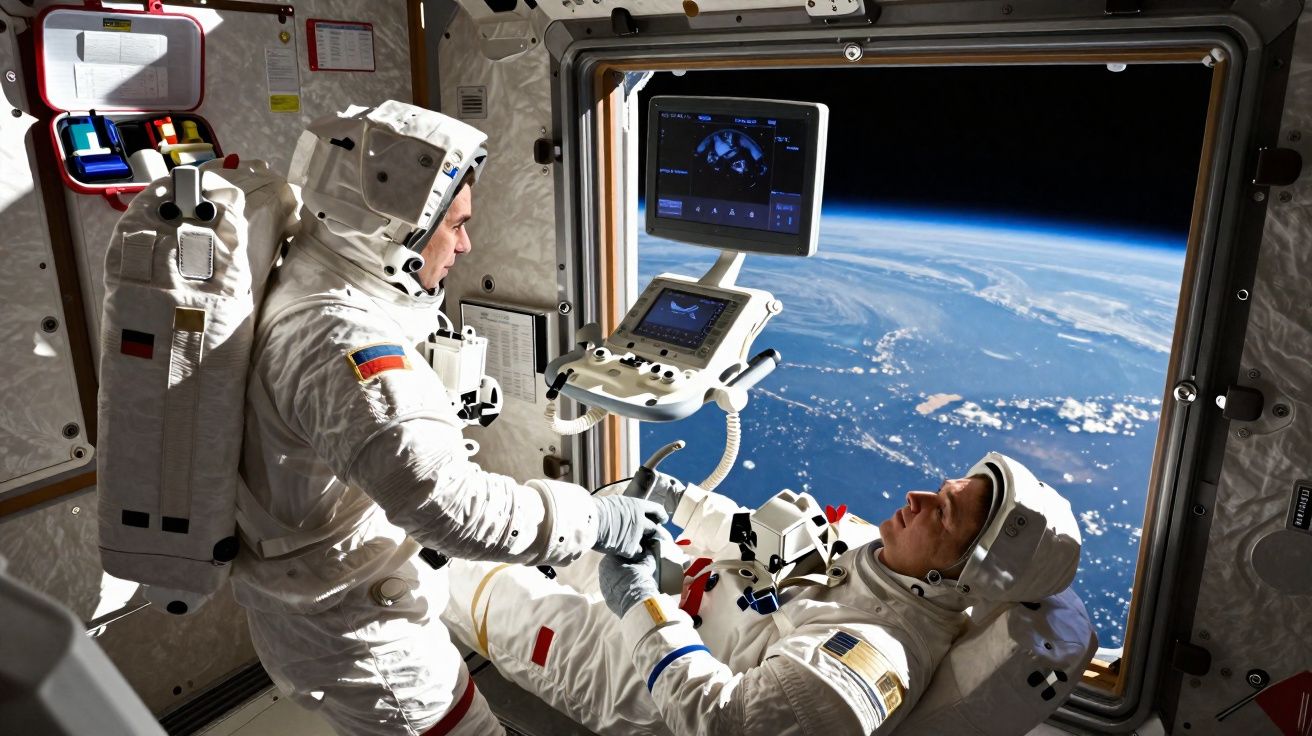Dois astronautas em traje espacial dentro da estação espacial com vista da Terra ao fundo pela janela.