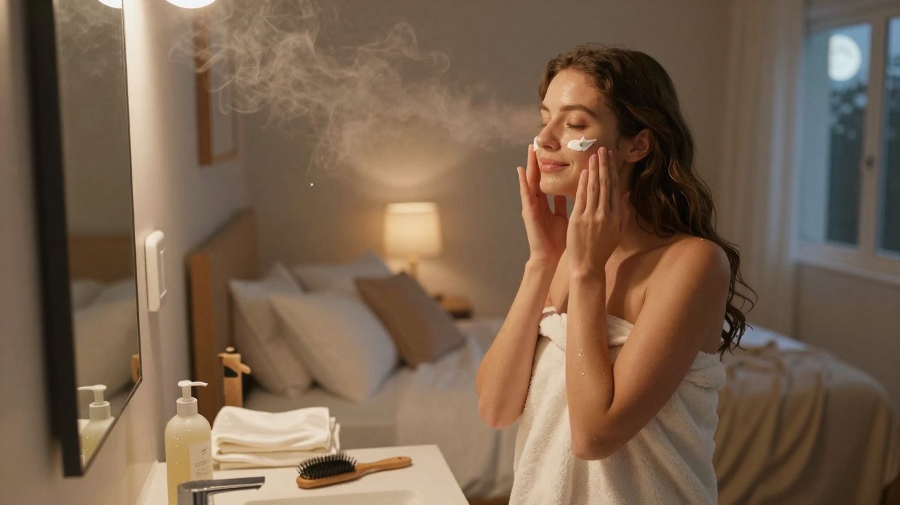 Mulher com toalha no corpo aplica creme no rosto em banheiro com iluminação suave.