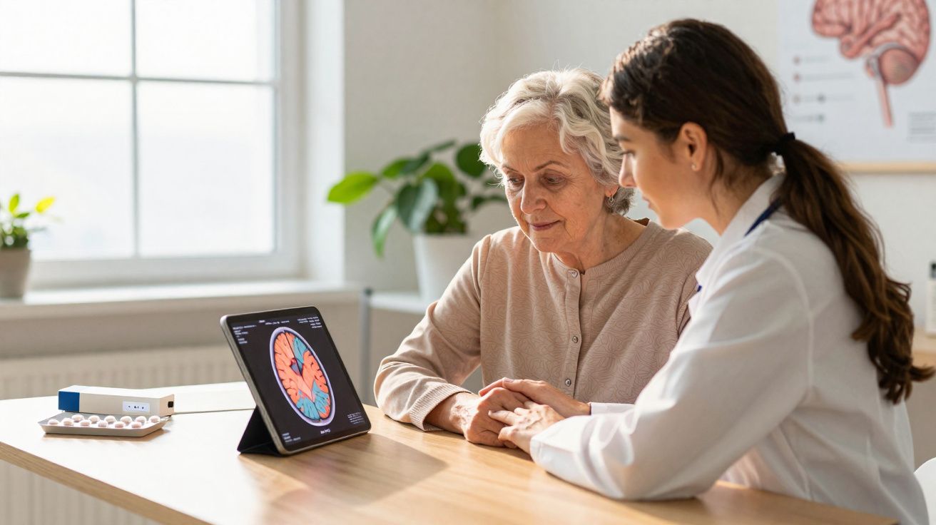 Médica e paciente idosa analisam imagem cerebral em tablet durante consulta em ambiente iluminado e acolhedor.