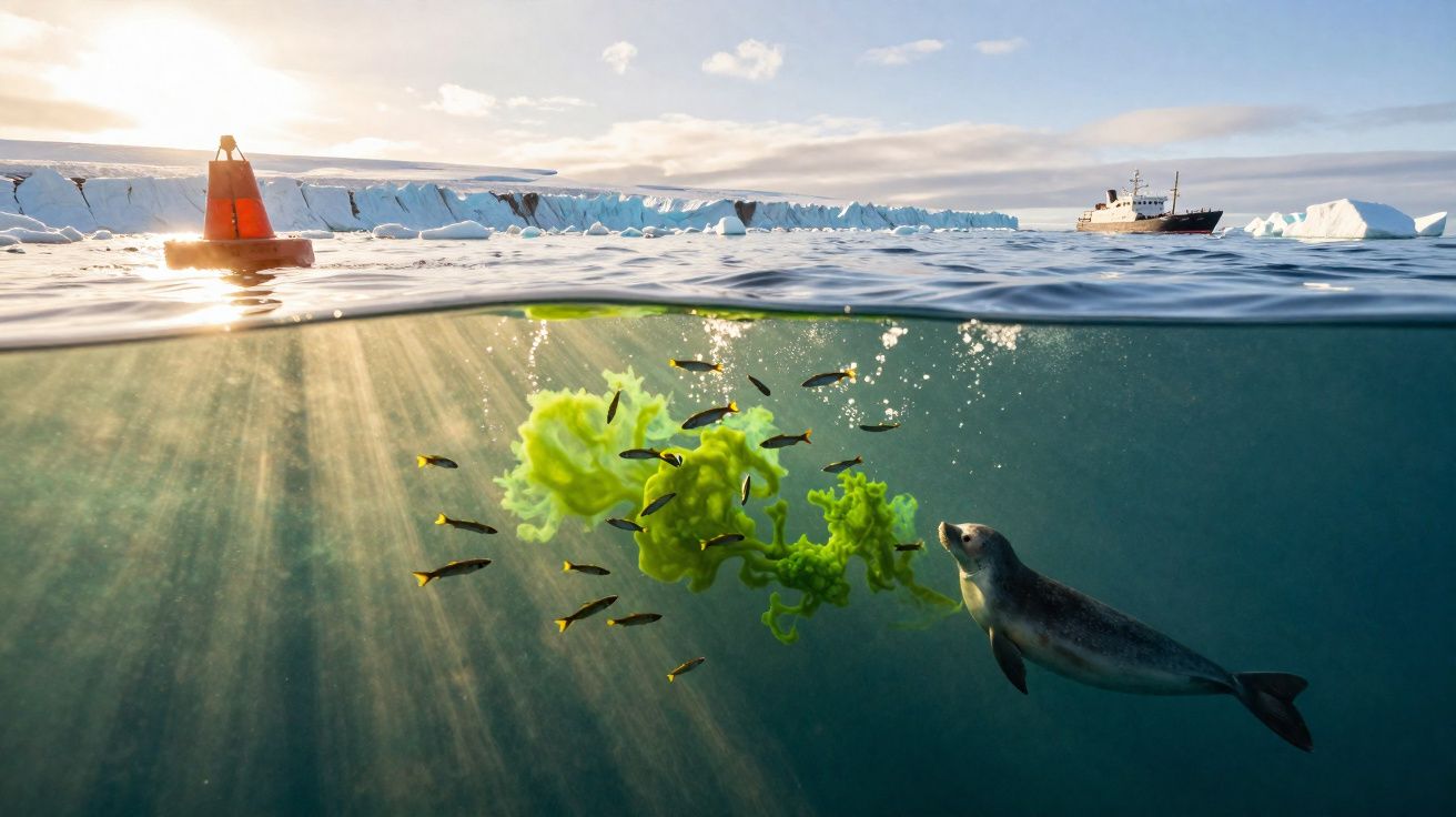 Vista subaquática e superfície com selo, peixes, algas, boia vermelha, barco e icebergues ao fundo.