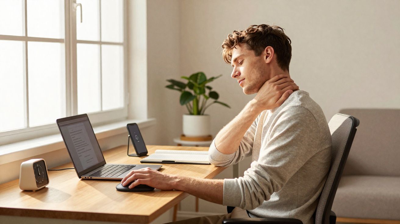 Homem sentado em cadeira ergonômica, massageando o pescoço em um ambiente de trabalho com mesa e laptop.