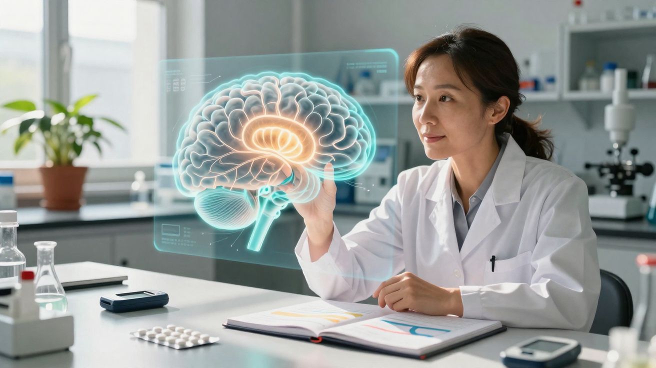 Mulher cientista em laboratório interagindo com holograma digital de cérebro humano.