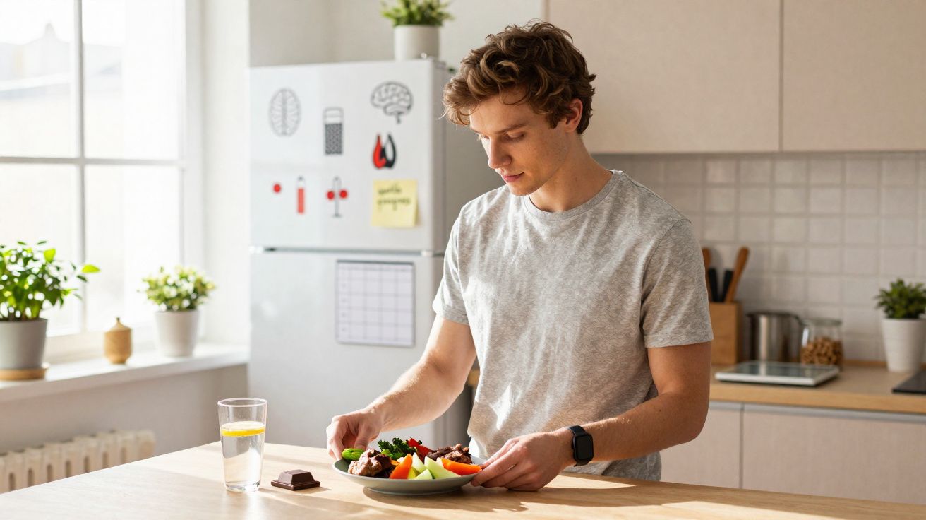 Jovem em cozinha iluminada preparando prato com salada, frutas e legumes, ao lado de copo com água e pedaço de chocolate.