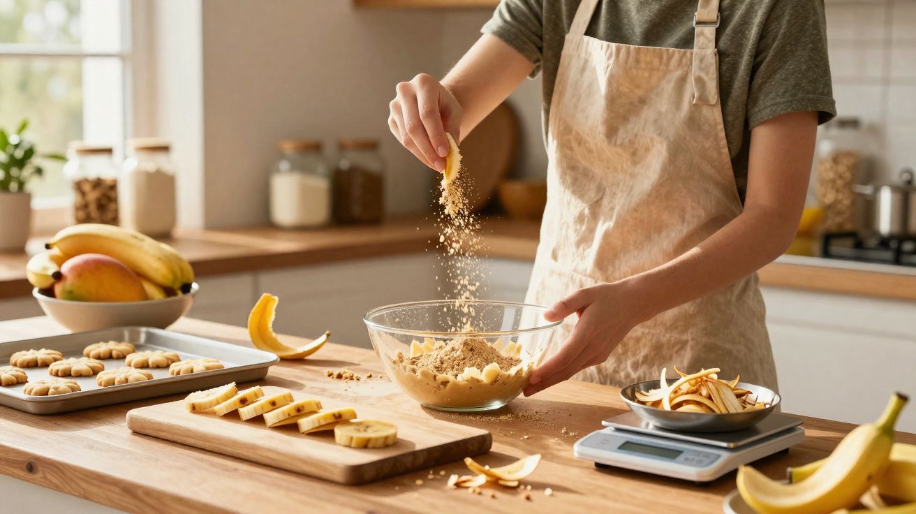 Pessoa preparando massa para biscoitos com ingredientes na bancada da cozinha.