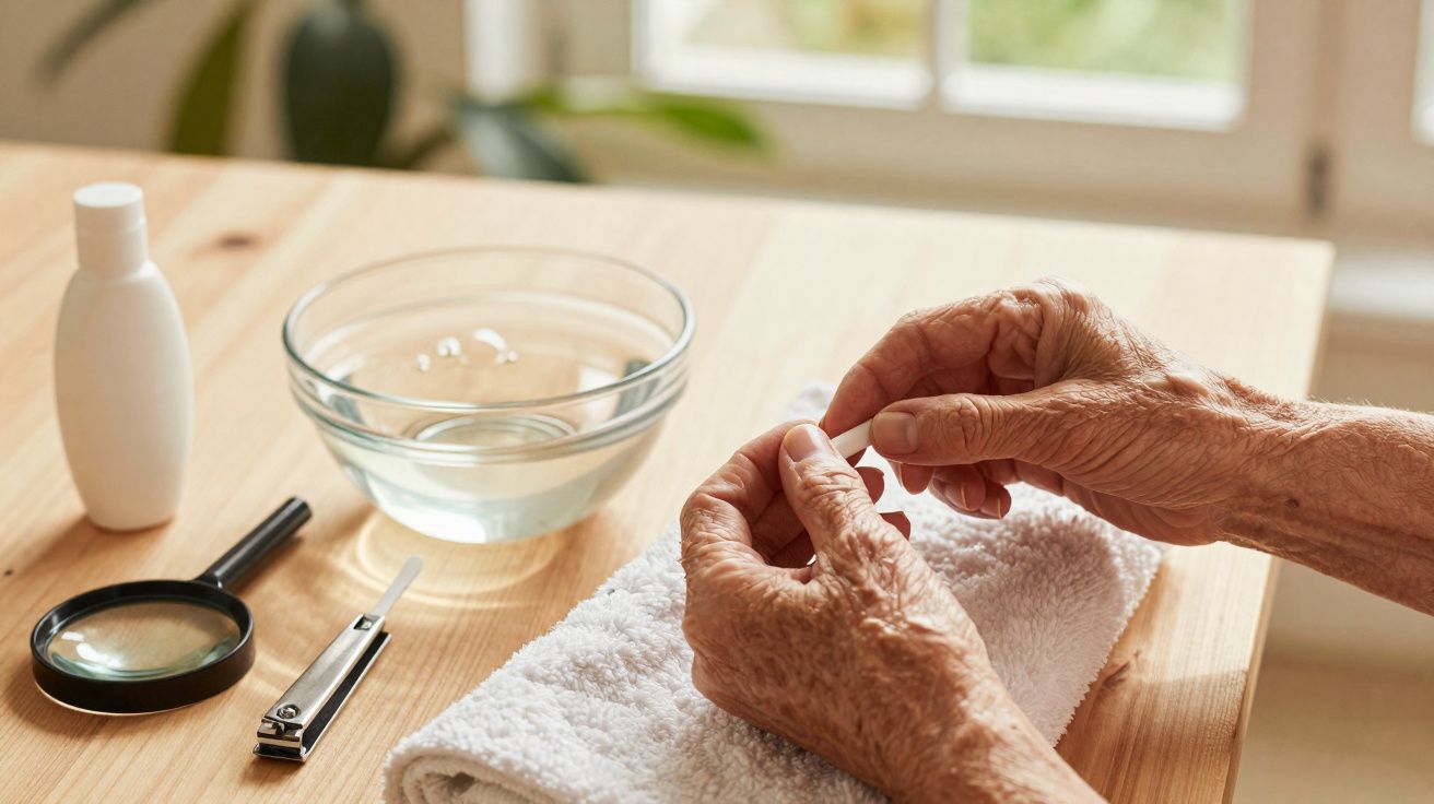 Mãos idosas cuidando das unhas com alicate, ao lado de toalha branca, lupa, pote e tigela com água.
