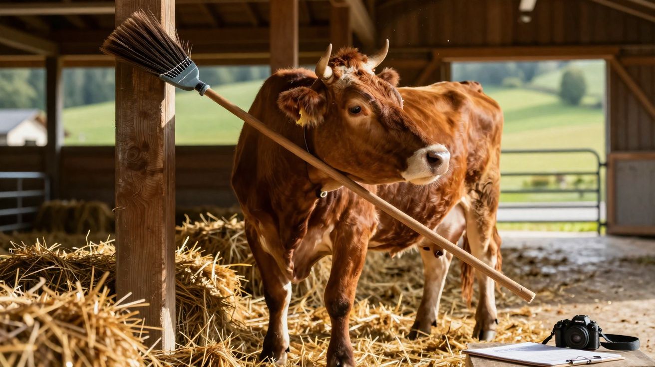 Vaca marrom em celeiro segurando vassoura com a cabeça, ao lado de câmera e prancheta sobre feno.