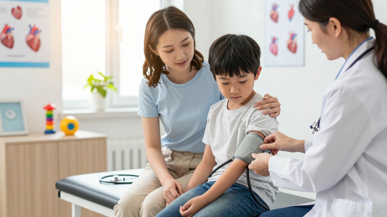Médica mede a pressão arterial de menino enquanto mãe o apoia em consultório pediátrico.