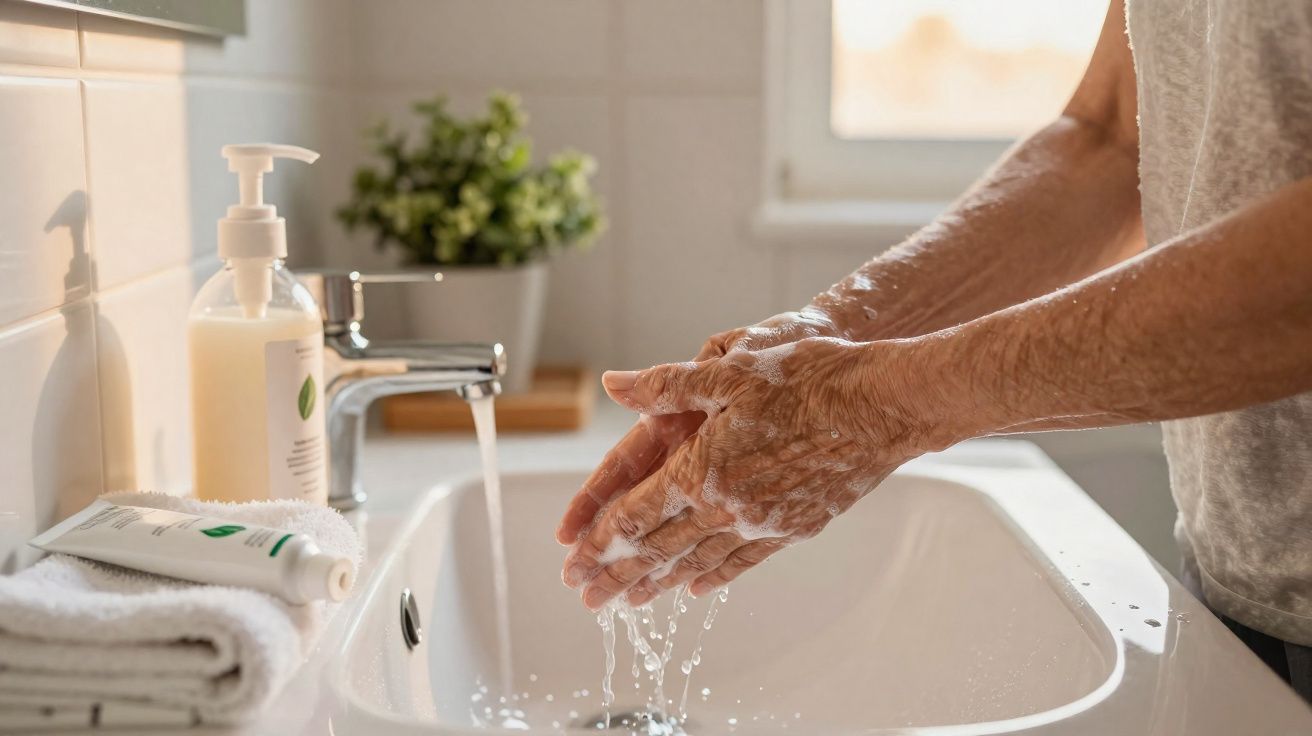 Pessoa lavando as mãos com sabão em uma pia branca com toalhas e produtos de higiene ao lado.