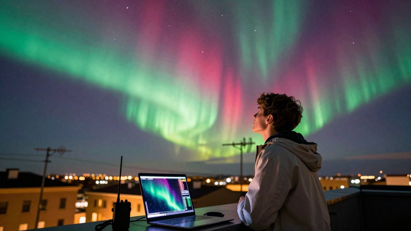 Pessoa observando a aurora boreal com laptop aberto em um telhado ao anoitecer.