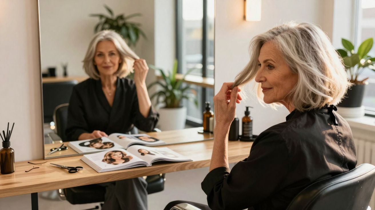 Mulher madura com cabelo grisalho sentada em salão de beleza diante do espelho, mexendo no cabelo.