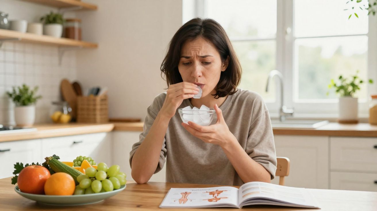 Mulher com expressão preocupada tomando remédio na cozinha, com frutas e livro aberto à sua frente.