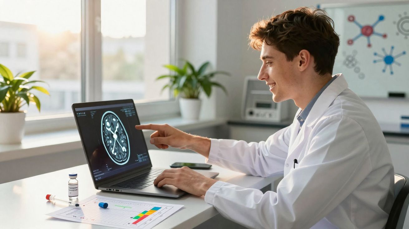 Jovem médico analisando imagem de exame cerebral no laptop em consultório iluminado ao fundo plantas.