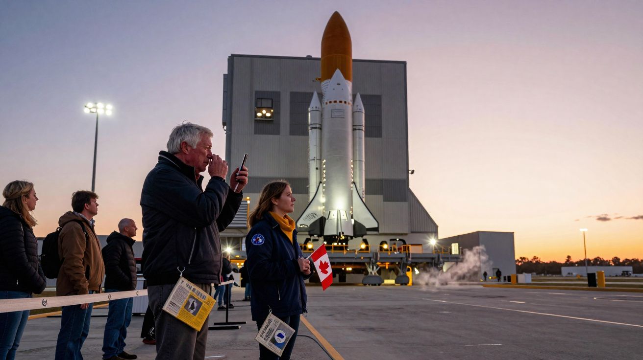 Pessoas observando um ônibus espacial na plataforma de lançamento ao amanhecer.