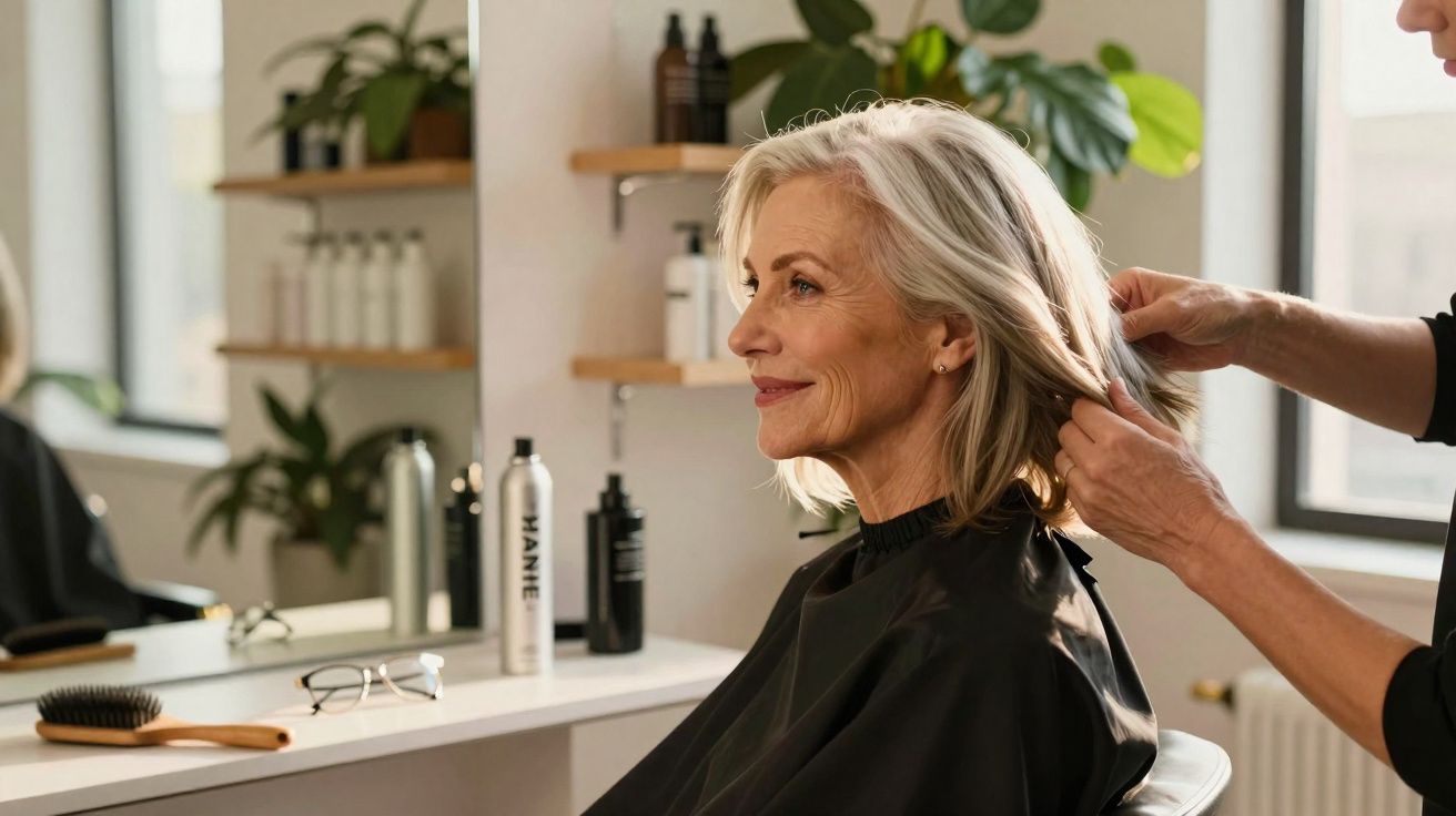 Mulher idosa satisfeita recebendo penteado em salão de beleza, com mobiliário e produtos ao fundo.