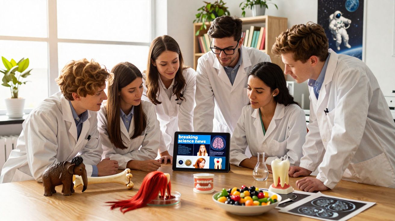 Grupo de estudantes em jalecos brancos estudando modelos anatômicos e tablet com notícias científicas em sala iluminada.