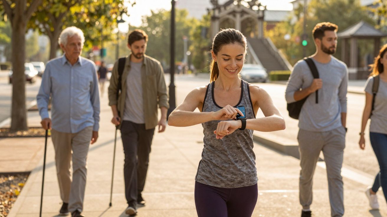 Mulher sorridente usando relógio inteligente enquanto caminha na calçada com outras pessoas ao fundo.