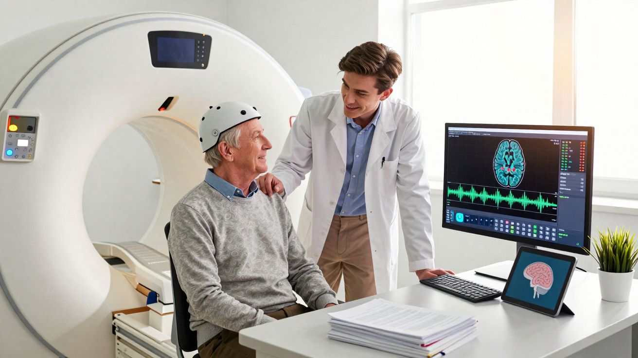 Paciente idoso com capacete EEG sendo examinado por médico em clínica neurológica com tomógrafo.