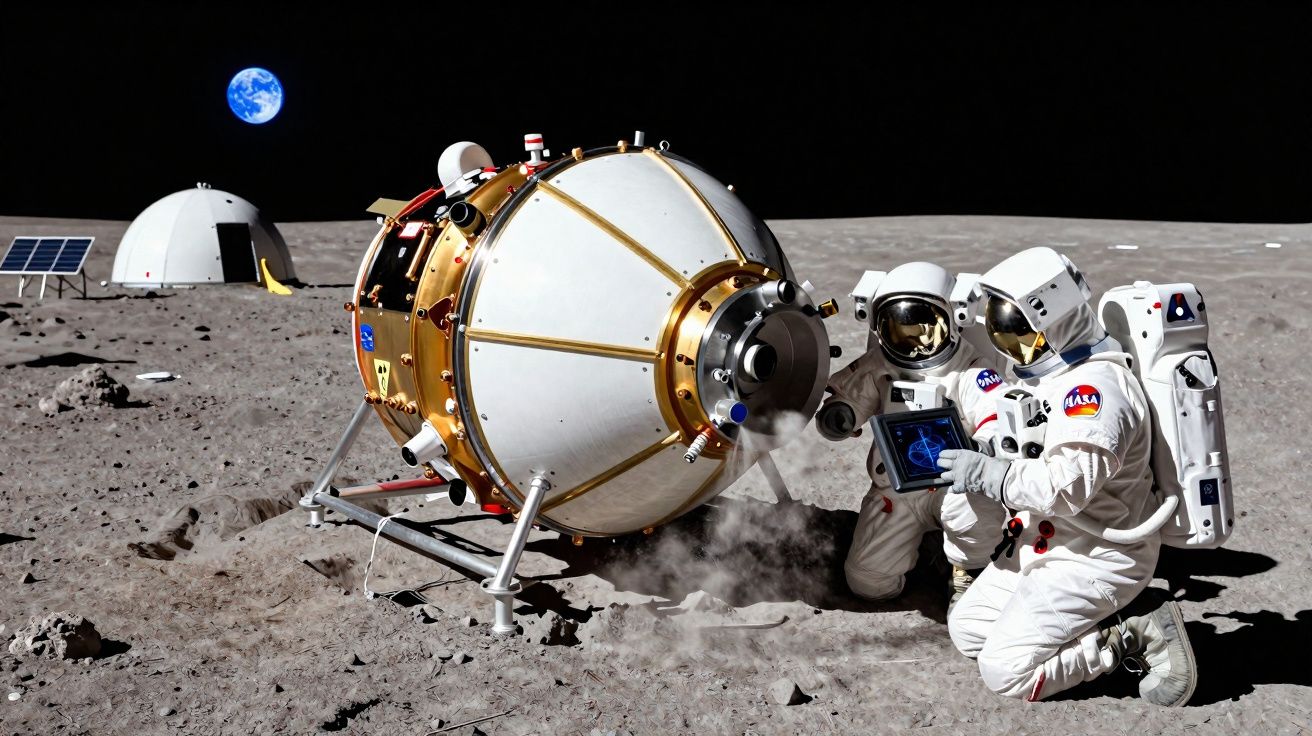 Dois astronautas em trajes espaciais ao lado de módulo lunar na superfície da Lua com a Terra ao fundo.
