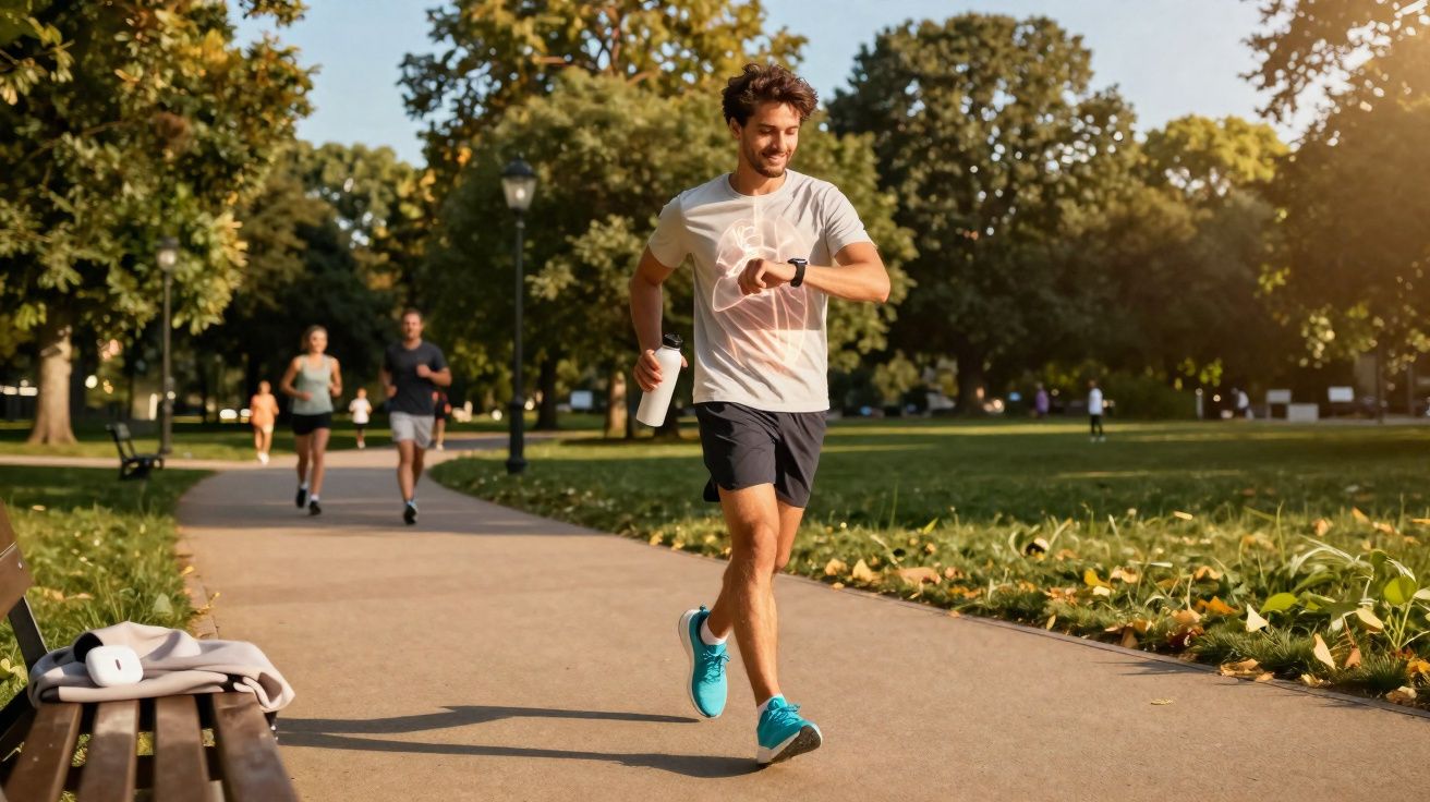 Homem correndo no parque com garrafa na mão e conferindo relógio enquanto outras pessoas correm ao fundo.