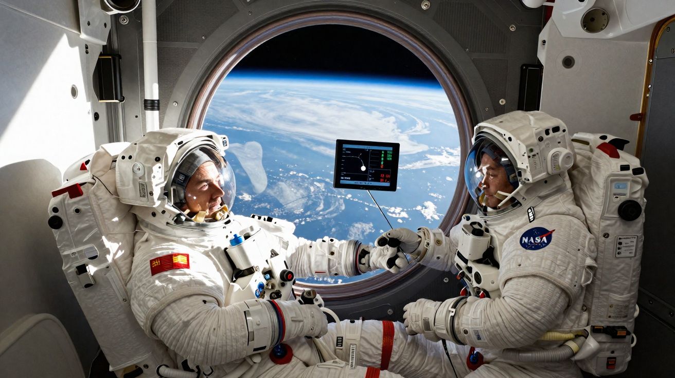 Dois astronautas em trajes espaciais sentados dentro de uma estação espacial com a Terra ao fundo pela janela circular.