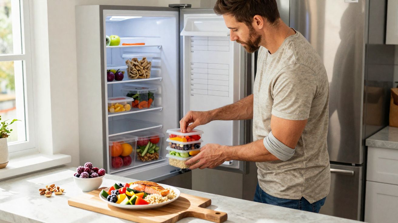 Homem organizando potes com alimentos saudáveis na geladeira moderna em cozinha iluminada.