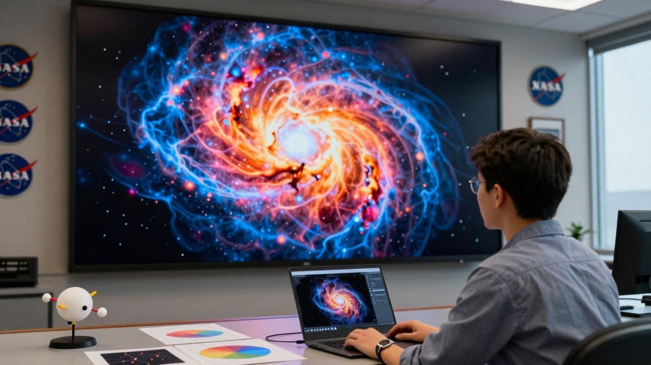 Pessoa analisando uma galáxia colorida em um computador, com tela grande da NASA ao fundo.