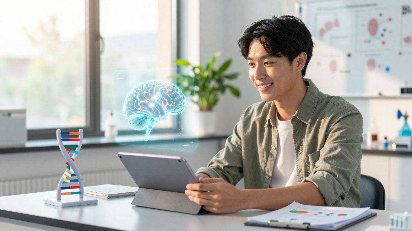 Jovem usando tablet com holograma de cérebro e modelo de DNA na mesa em ambiente de estudo.