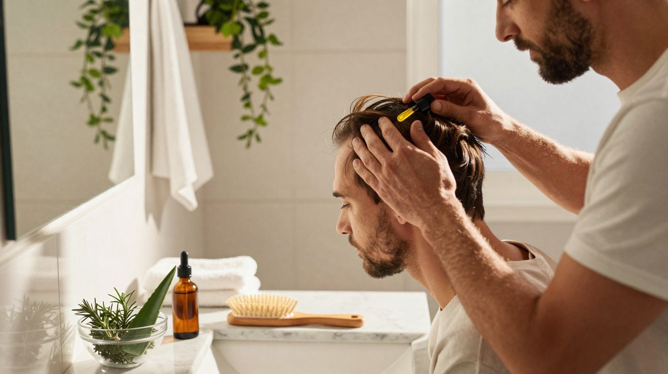 Homem examinando o couro cabeludo de outro homem com um pente amarelo em banheiro iluminado.