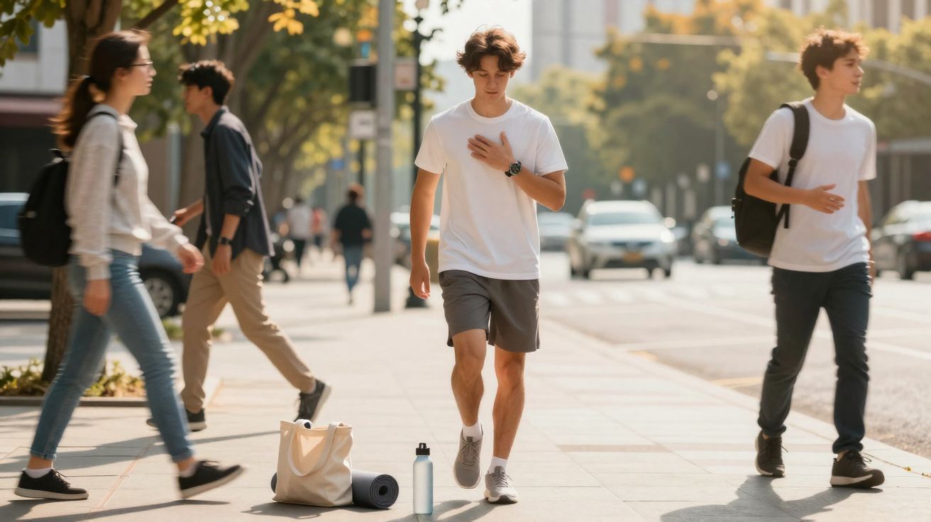 Jovem caminhando em calçada urbana movimentada ao sol, com garrafa e bolsa no chão.