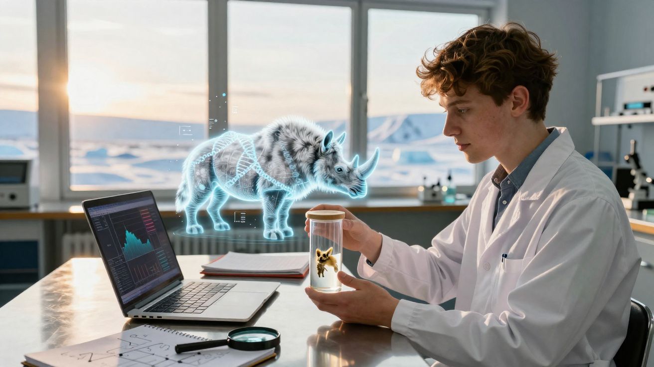 Cientista analiza espécime em frasco com holograma de rinoceronte em laboratório moderno.