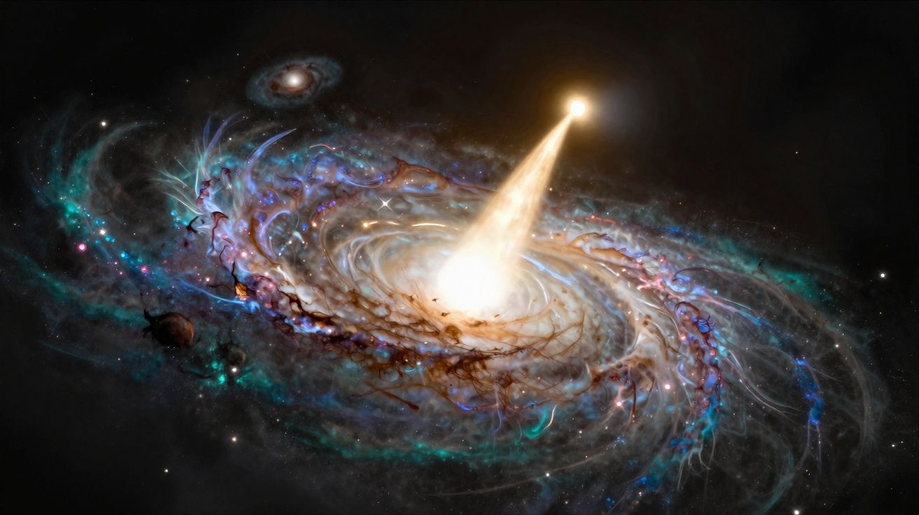 Ilustração de galáxia espiral emitindo jato brilhante de luz no espaço com estrelas e nebulosas coloridas.