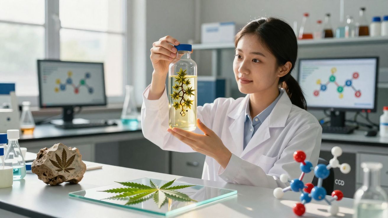 Pesquisadora em laboratório analisando planta de cannabis dentro de frasco com líquido amarelo.