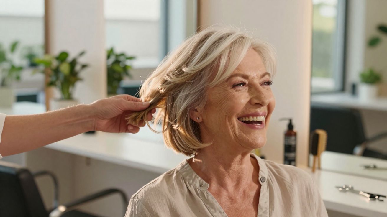 Mulher idosa sorridente recebendo penteado em salão de beleza moderno e iluminado.